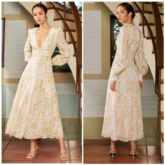 Sau Lee Phoebe Long Sleeve Floral Midi Dress - Picture 1 of 8